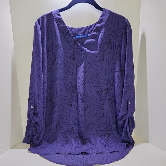 Apt. 9 Tops - Apt. 9 - Purple, V Neckline, Geometric Pattern, Cuffed Sleeve Blouse